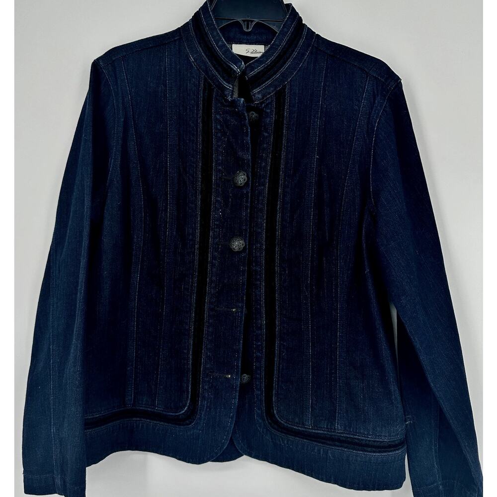EUC Chico’s Platinum Denim Jacket Dark Wash Women’s 1 M Velvet Trim Jacket
